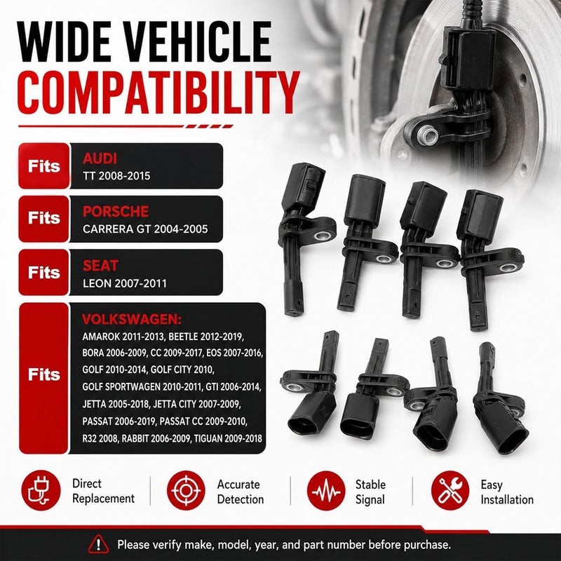 NLQR 4 حساس سرعة عجلة ABS أمامي خلفي يسار يمين متوافق مع Audi TT/Porsche/Seat Leon متوافق مع VW Amarok/Golf/Jetta/Passat/Rabbit/Tiguan 1.8L 2.0L 2.5L 1K0927807 1K0927808 7H0927803 - Image 4