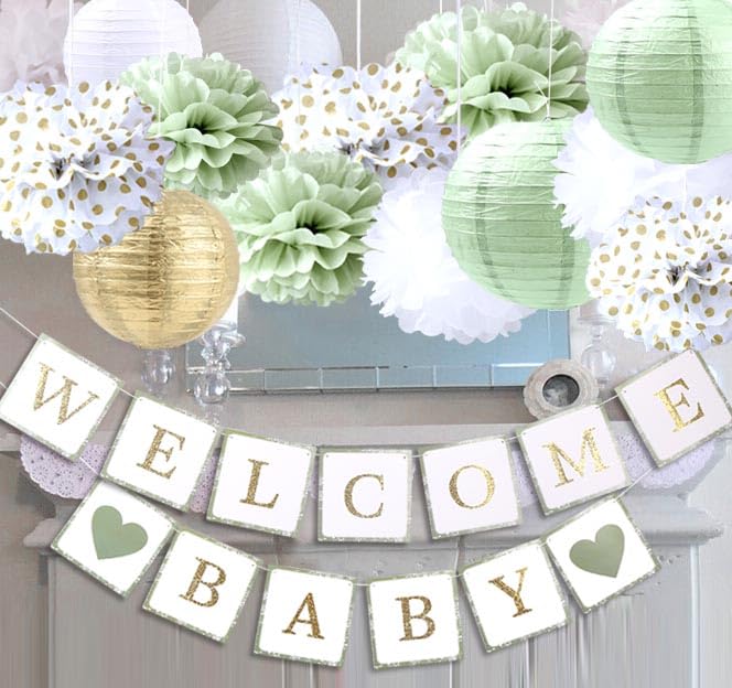 luckylibra Baby Shower DecorationsWelcome Baby Banners Paper Lantern Paper Flower Pom PomsSage Green Gold White