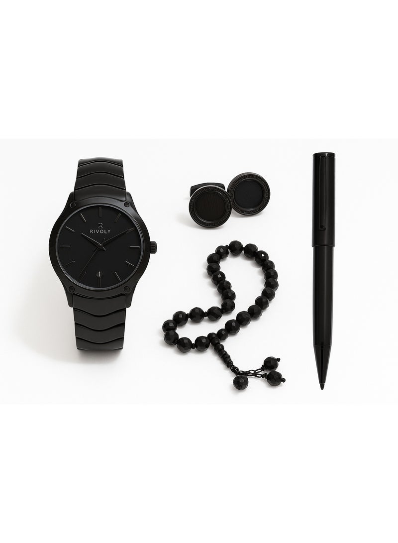 ريفولي طقم ساعة رجالي فاخر من الستانلس ستيل للهدايا مع قلم وأزرار أكمام وسبحة أنيقة - Image 2