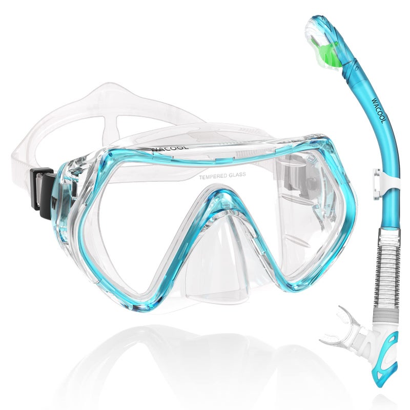 WACOOL Professional Snorkeling Snorkel Diving Scuba Package Set with AntiFog Coated Glass Purge Valve and AntiSplash Silicon Mouth Piece for Men Women AdultsLake Blue