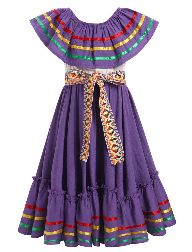 ODIZLI Mexican Dress for Girls Traditional Cinco de Mayo Fiesta Dresses for Toddler Girl Off-Shoulder Sleeveless Kids Vestidos Tipicos Mexicanos Flamenco Dress Ruffle Drape A Line Dress Purple 9-10 Years - Image 1