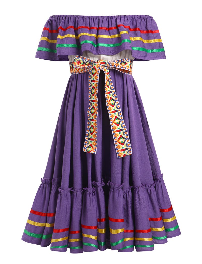 ODIZLI Mexican Dress for Girls Traditional Cinco de Mayo Fiesta Dresses for Toddler Girl Off-Shoulder Sleeveless Kids Vestidos Tipicos Mexicanos Flamenco Dress Ruffle Drape A Line Dress Purple 9-10 Years - Image 2