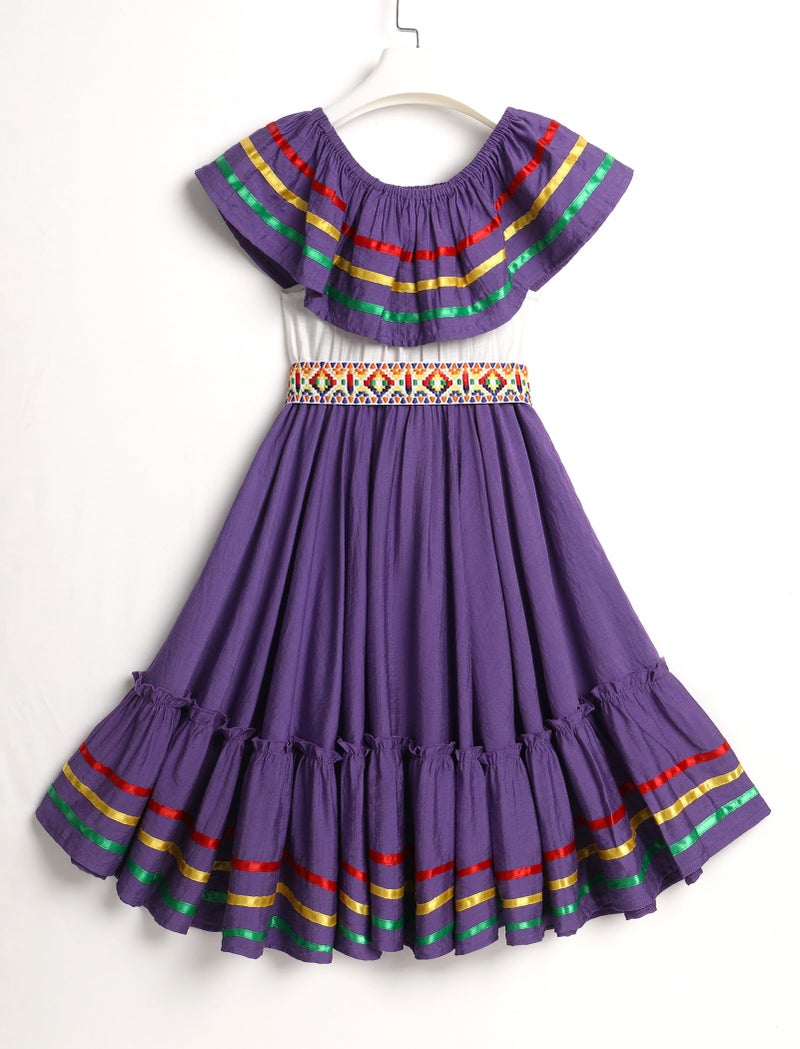 ODIZLI Mexican Dress for Girls Traditional Cinco de Mayo Fiesta Dresses for Toddler Girl Off-Shoulder Sleeveless Kids Vestidos Tipicos Mexicanos Flamenco Dress Ruffle Drape A Line Dress Purple 9-10 Years - Image 4