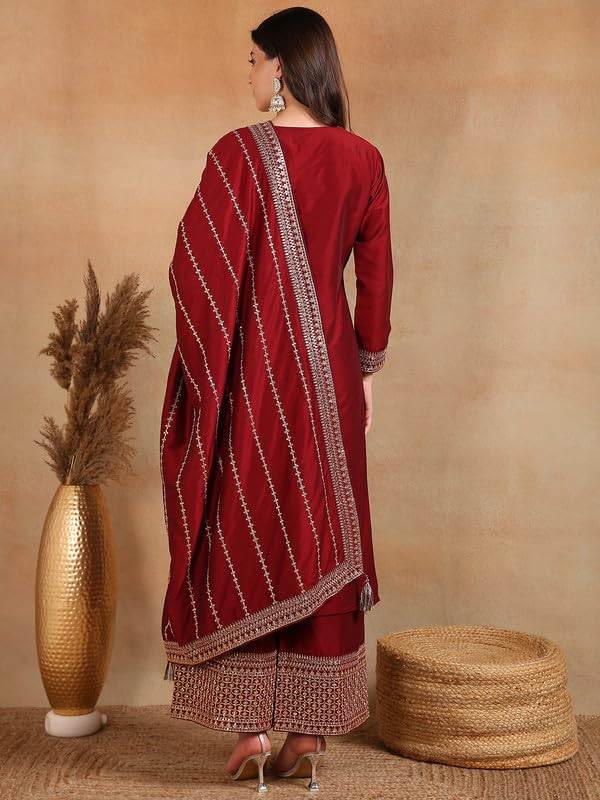 Vaamsi Women's Silk Blend Yoke Design Embroidered Straight Kurta, Palazzo & Dupatta With Cotton Inner (Pkskd1860_Maroon_3Xl) - Image 2