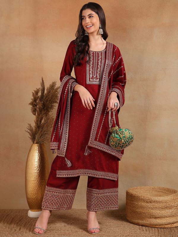 Vaamsi Women's Silk Blend Yoke Design Embroidered Straight Kurta, Palazzo & Dupatta With Cotton Inner (Pkskd1860_Maroon_3Xl) - Image 4