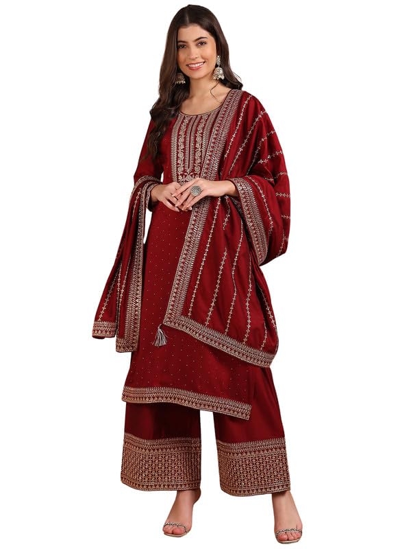 Vaamsi Women's Silk Blend Yoke Design Embroidered Straight Kurta, Palazzo & Dupatta With Cotton Inner (Pkskd1860_Maroon_3Xl) - Image 1