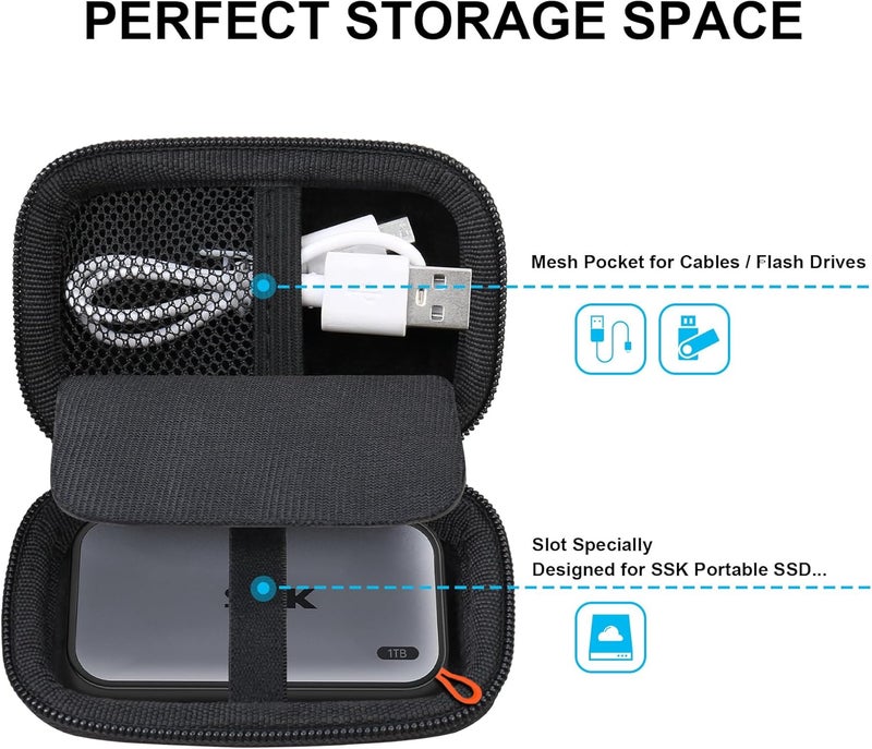Lacdo Hard Carrying Case for SSK Portable SSD External Solid State Drives 250GB 500GB 1TB 2TB SSD External Hard Drive USB 3.2 Gen2 Hard EVA Shockproof Protective Storage Travel Bag, Black - Image 2