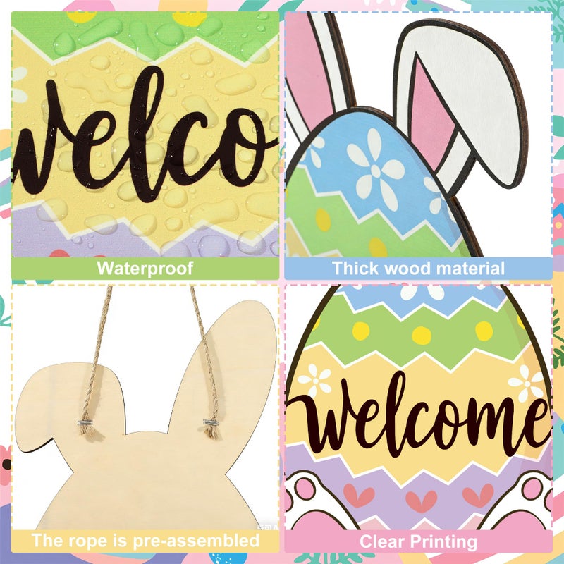 Fairooth Easter Wooden Door Sign Easter Egg Bunny Door Wreath for Front Doors Sign Cute Rabbit Ears Welcome Hanging Signs Decorations for Spring Home Farmhouse Party Indoor Outdoor Porch Hanger Wall Decor - Image 3