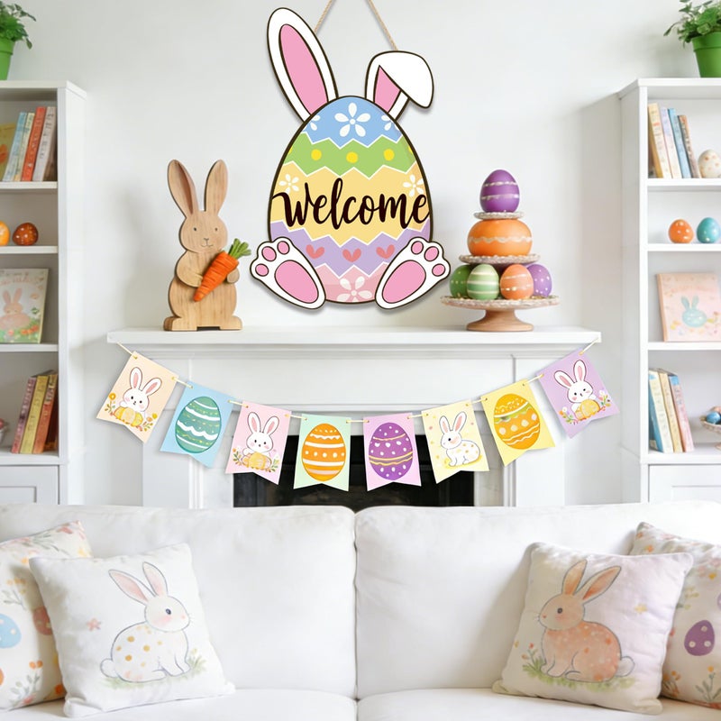Fairooth Easter Wooden Door Sign Easter Egg Bunny Door Wreath for Front Doors Sign Cute Rabbit Ears Welcome Hanging Signs Decorations for Spring Home Farmhouse Party Indoor Outdoor Porch Hanger Wall Decor - Image 5
