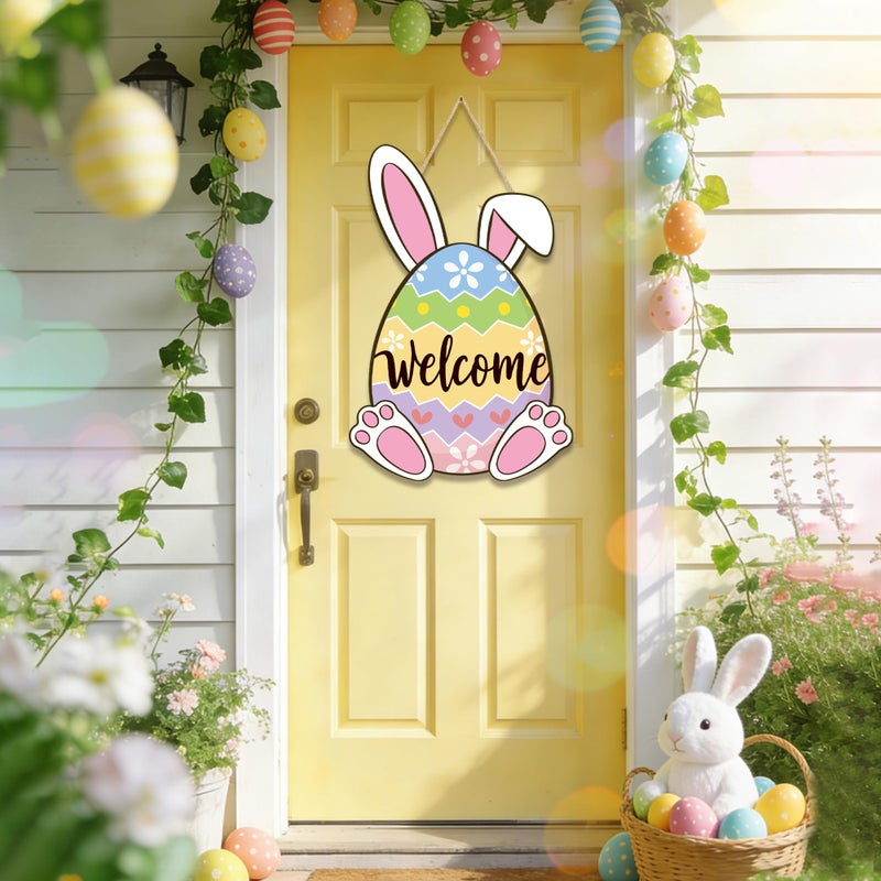 Fairooth Easter Wooden Door Sign Easter Egg Bunny Door Wreath for Front Doors Sign Cute Rabbit Ears Welcome Hanging Signs Decorations for Spring Home Farmhouse Party Indoor Outdoor Porch Hanger Wall Decor - Image 4