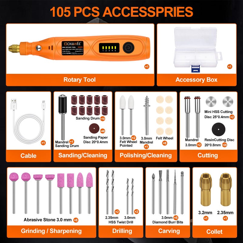 جوكساي مجموعة أدوات دوارة لاسلكية صغيرة من GOXAWEE مع 105 قطعة من الملحقات USB شحن 5 سرعات 18000 دورة في الدقيقة أداة فنية متعددة الأغراض مع بطارية ليثيوم أيون 3.7 فولت للحرف اليدوية والإبداعات اليدوية - Image 4