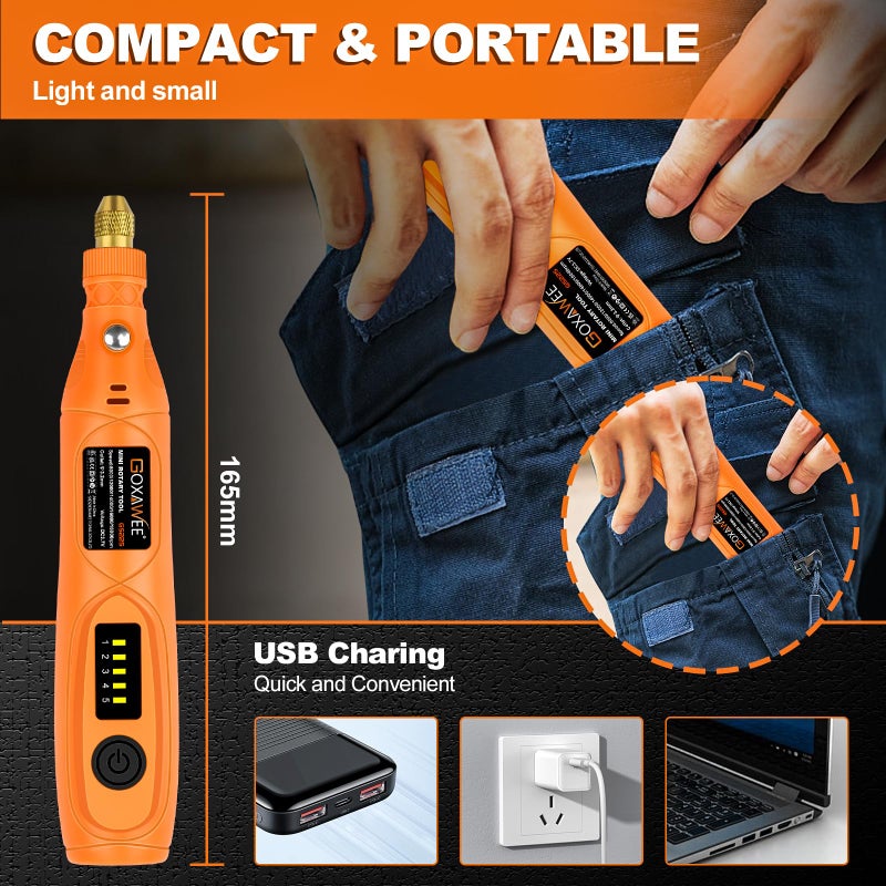 جوكساي مجموعة أدوات دوارة لاسلكية صغيرة من GOXAWEE مع 105 قطعة من الملحقات USB شحن 5 سرعات 18000 دورة في الدقيقة أداة فنية متعددة الأغراض مع بطارية ليثيوم أيون 3.7 فولت للحرف اليدوية والإبداعات اليدوية - Image 3