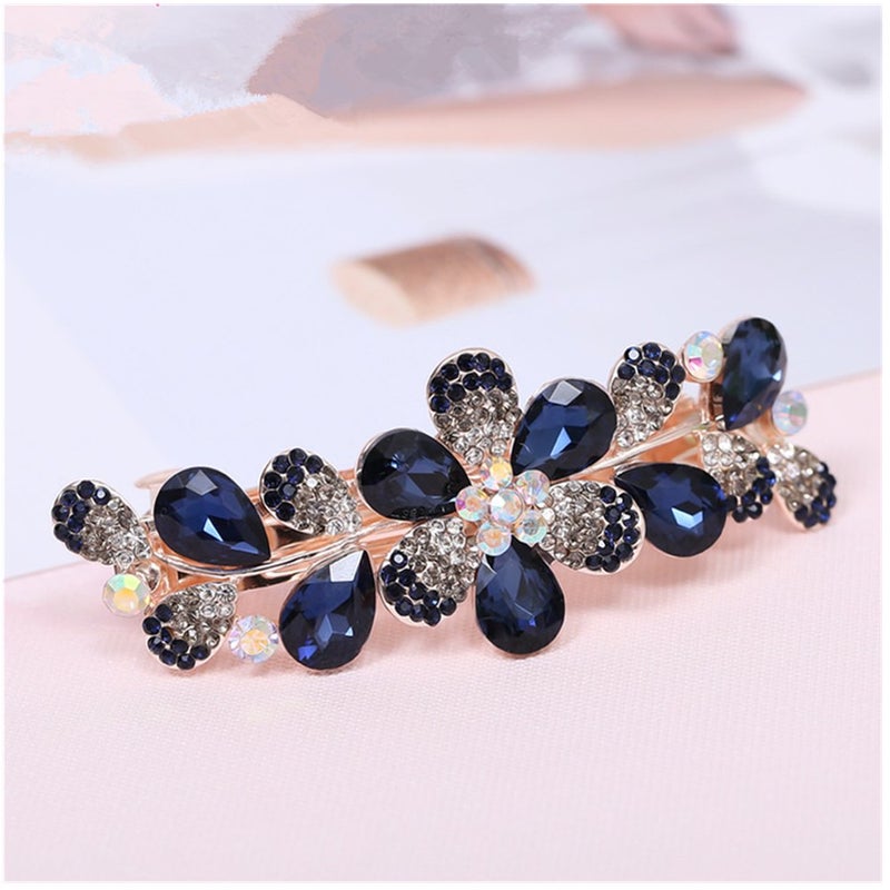 Ruihfas Women Girls Crystal Rhinestone Flower Pattern Hair Spring Clip Hairpin Sweet Hair Accessories (Dark Blue) - Image 2