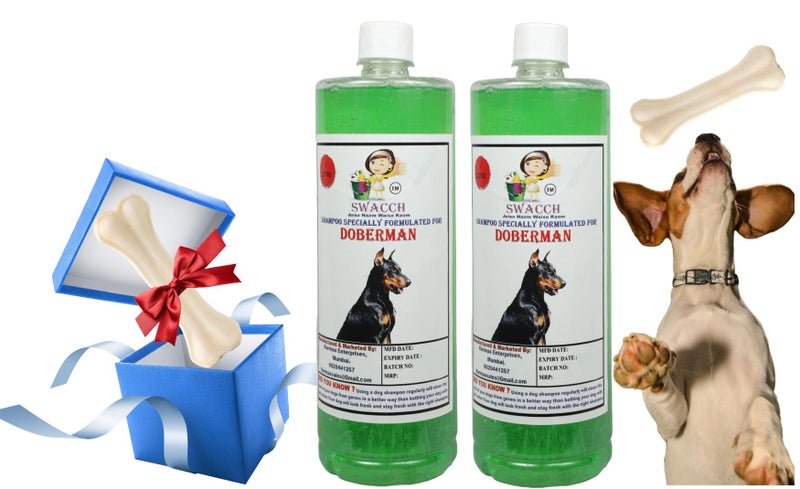 swacch Shampoo | Puppy Safe Shampoo| Doberman Dog Shampoo (500ml) (Pack of 2) Neem Alovera + Medium White Bone |Dog Chew Bones |Teething chew Toy|Dental Teething |Combo Pack - Image 1