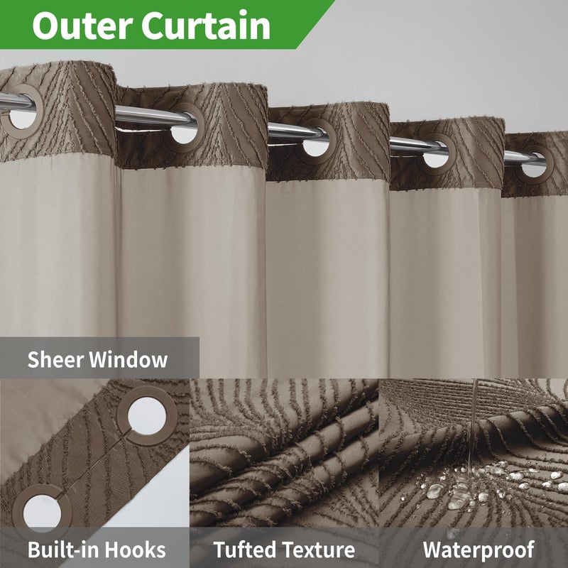 eachope no Hook Shower Curtain and Fabric Liner Setï¼ŒThanksgiving Autumn Shower Curtain, Boho Tufted Striped Style with See Through Top Window, Brown, 71Wx74H - Image 3