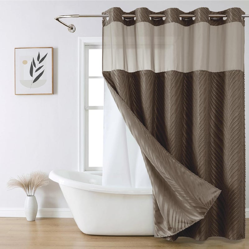 eachope no Hook Shower Curtain and Fabric Liner Setï¼ŒThanksgiving Autumn Shower Curtain, Boho Tufted Striped Style with See Through Top Window, Brown, 71Wx74H - Image 1