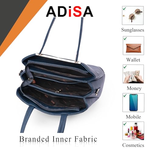 ADISA two tone handbag 3 compartments shoulder bag for women and girls with sling belt (AD4084-NAV) - Image 4