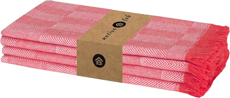 Native Fab Red Cloth Napkins with Fringes  Set of 4 Cotton Dinner Napkins 16x16 Herringbone Pattern Washable and Reusable - Image 4