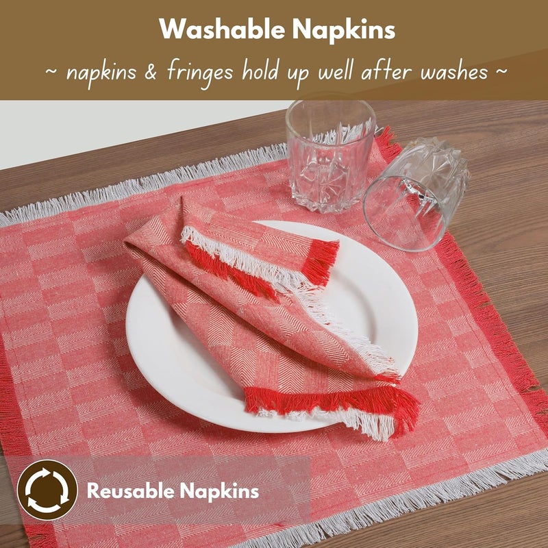 Native Fab Red Cloth Napkins with Fringes  Set of 4 Cotton Dinner Napkins 16x16 Herringbone Pattern Washable and Reusable - Image 5