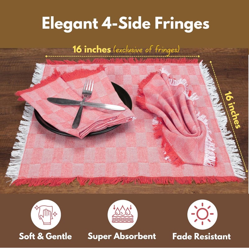 Native Fab Red Cloth Napkins with Fringes  Set of 4 Cotton Dinner Napkins 16x16 Herringbone Pattern Washable and Reusable - Image 3