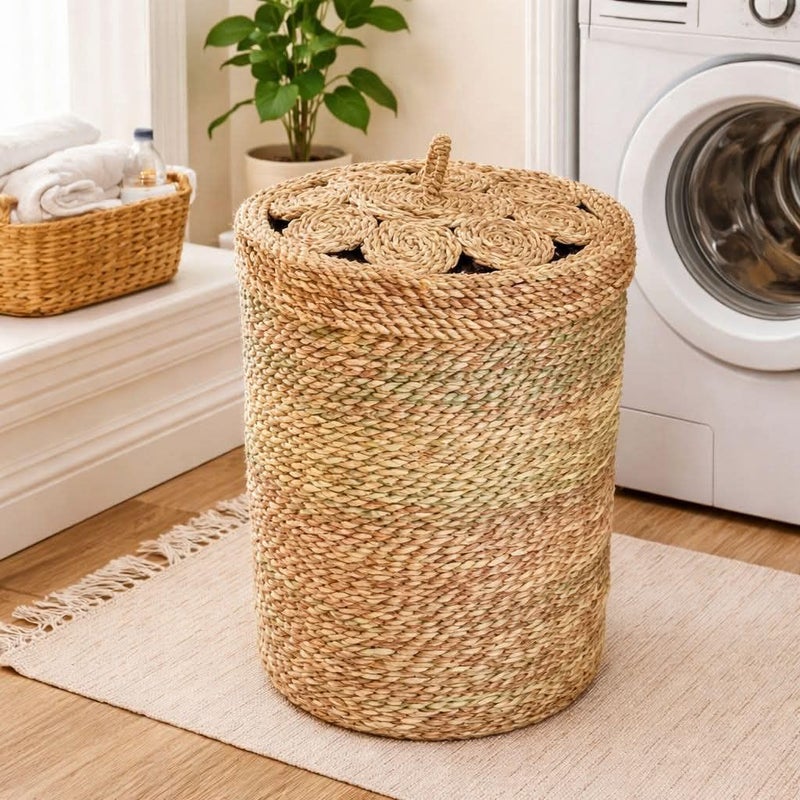 Woven Laundry Hamper with Lid, Natural Seagrass, Round, Handcrafted Basket for Bedroom or Laundry Room (60CM)