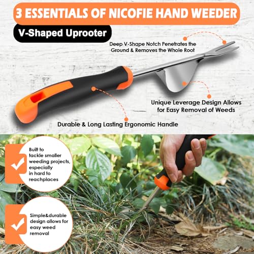 Nicofie 2025 Hand Weeder Tool, Rubber Handle Manual Weeder Puller Tool, Uprooting Weeding Tools, Crack Weeder Crevice, 4 Teeth Weeding Tool, Weeding Artifact Tool for Gardening(3 Pcs) - Image 3