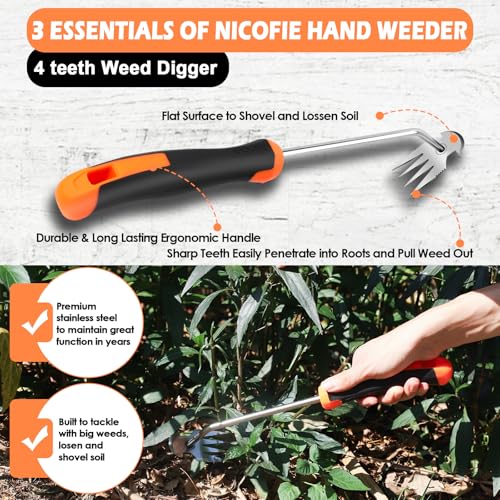 Nicofie 2025 Hand Weeder Tool, Rubber Handle Manual Weeder Puller Tool, Uprooting Weeding Tools, Crack Weeder Crevice, 4 Teeth Weeding Tool, Weeding Artifact Tool for Gardening(3 Pcs) - Image 5