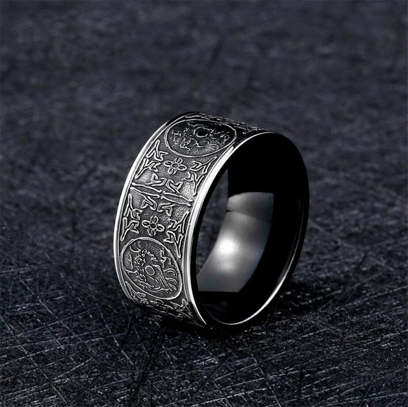 SINLEO Men's Stainless Steel Chinese Ancient 4 Guardian Beasts Ring Dragon, White Tiger, Suzaku, Basalt Carved Black Size 9 - Image 4
