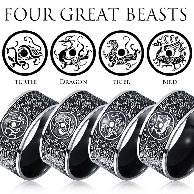 SINLEO Men's Stainless Steel Chinese Ancient 4 Guardian Beasts Ring Dragon, White Tiger, Suzaku, Basalt Carved Black Size 9 - Image 2