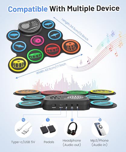 Sboet طقم الطبول الإلكتروني Sboet، 9 وسادة تدريب مع مدخل سماعة، آلة طقم الطبول القابلة للطي مع مكبر صوت مدمج، دواسات وعصي طبل، 10 ساعات من وقت التشغيل، هدية رائعة للأطفال في عيد الميلاد - Image 3