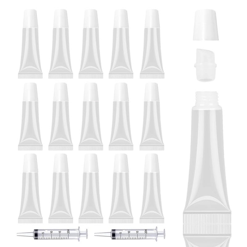 AMORIX 50PCS 10ml Lip Gloss Tubes Clear Empty Lip Balm Containers with White Cap Refillable Soft Cosmetic Squeeze Tubes for Lip Gloss Base Glitter Pigment Powder 2 Syringes Tag Labels Stickers