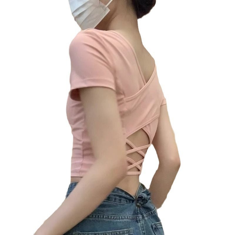 Soft Stretchy High-Waist Yoga Crop Top with Built-in Bra Grey  - Image 3