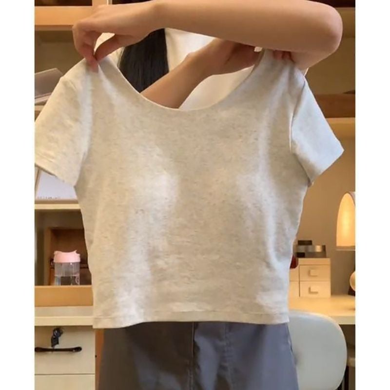 Soft Stretchy High-Waist Yoga Crop Top with Built-in Bra Grey  - Image 2