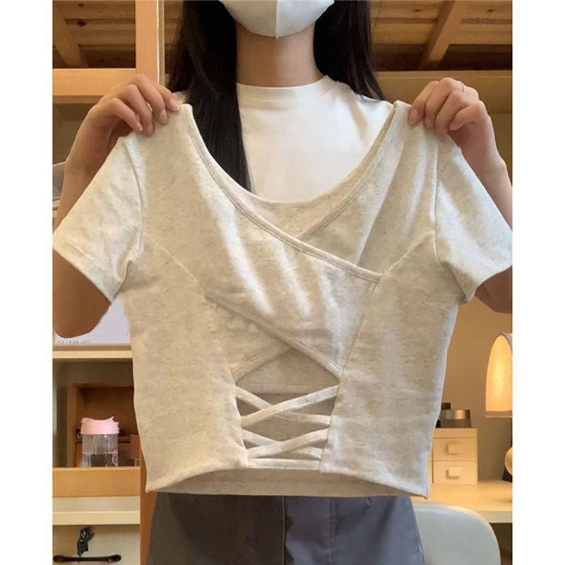 Soft Stretchy High-Waist Yoga Crop Top with Built-in Bra Grey  - Image 1