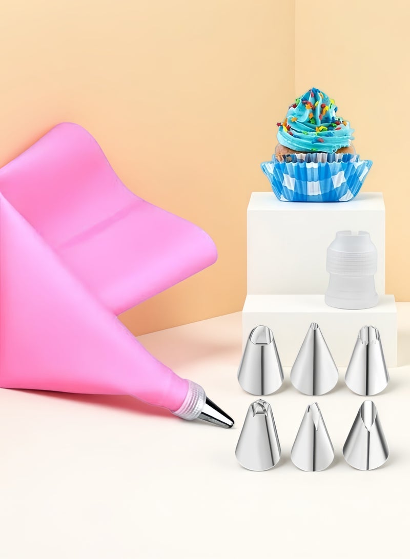 Reusable Pink Silicone Piping Bag with Stainless Steel Pastry Nozzles Set, Eco-Friendly Frosting Piping Tools for Cupcakes Cookies Baby Food - Image 1