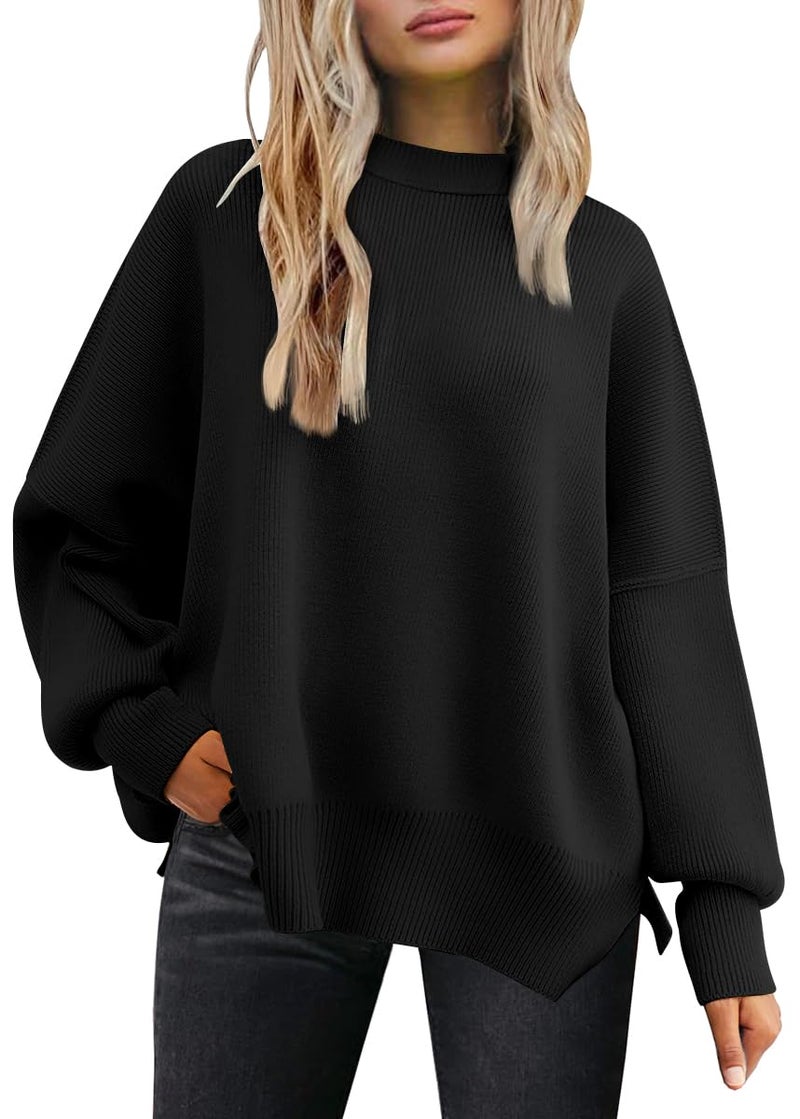 LILLUSORY Oversized Sweaters for Women 2025 Fall Fashion Outfits Trendy Crewneck Knit Cute Lightweight Sweater Pullover Tops Long Sleeve Shirts Winter Clothes Black S - Image 1