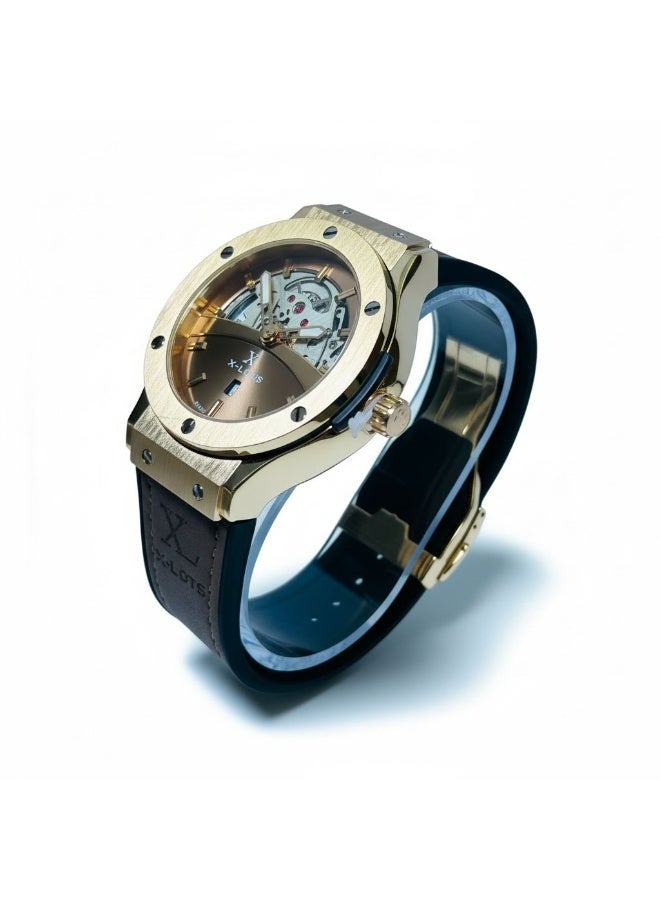 xlots Men's Watch, IronX Skeleton Gold Model XLA21G, Open Heart Dial, Brown Faux Leather Strap, Stainless Steel Case, Luxury Analog Quartz Wristwatch - Image 4