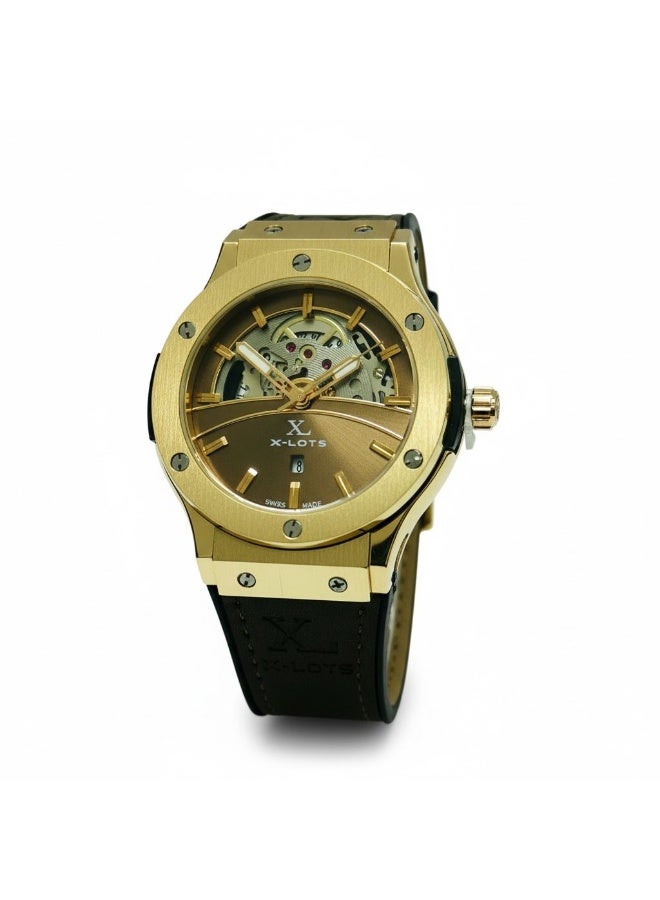 xlots Men's Watch, IronX Skeleton Gold Model XLA21G, Open Heart Dial, Brown Faux Leather Strap, Stainless Steel Case, Luxury Analog Quartz Wristwatch - Image 2