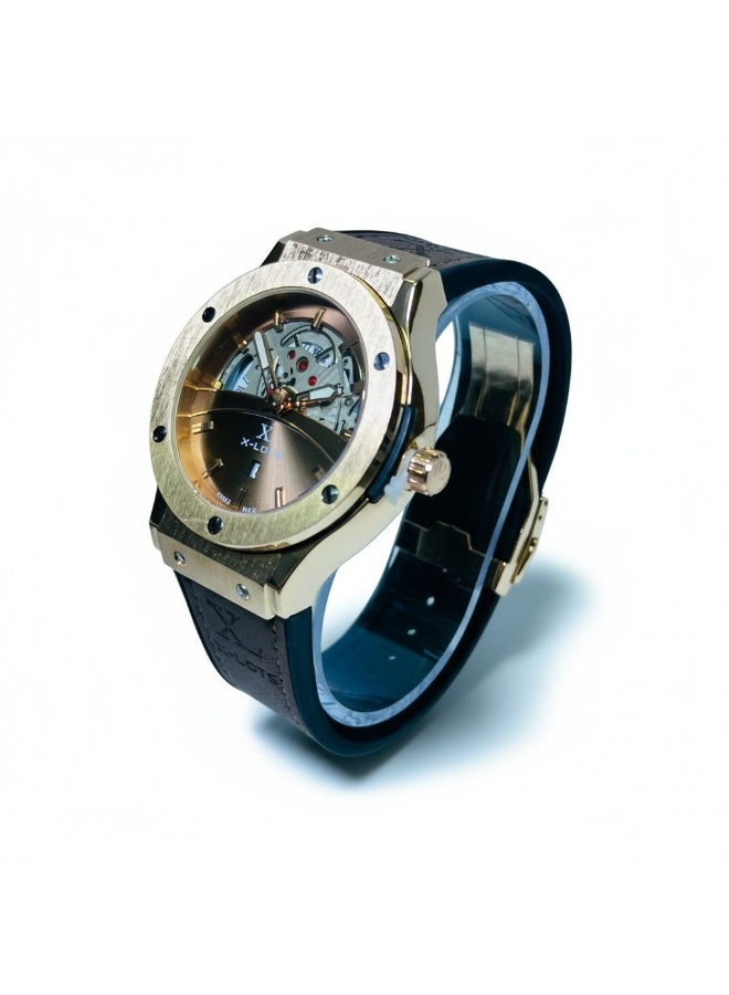 xlots Men's Watch, IronX Skeleton Gold Model XLA21G, Open Heart Dial, Brown Faux Leather Strap, Stainless Steel Case, Luxury Analog Quartz Wristwatch - Image 3
