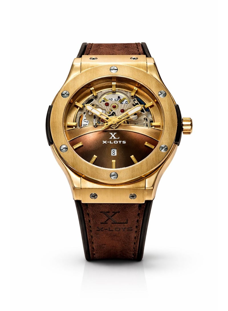 xlots Men's Watch, IronX Skeleton Gold Model XLA21G, Open Heart Dial, Brown Faux Leather Strap, Stainless Steel Case, Luxury Analog Quartz Wristwatch - Image 1