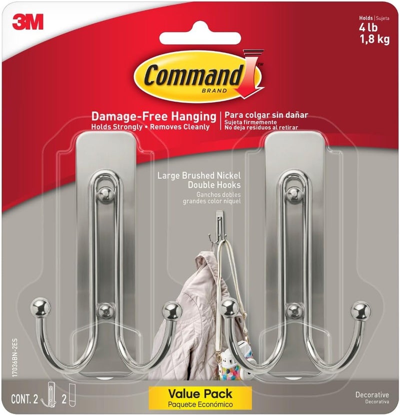 Command Large Brushed Nickel Double Hooks, 2 Hooks and 2 Strips, Damage Free Hanging Wall Hooks with Adhesive Strips, No Tools Coat Hooks for Hanging Home Decor, Holds up to 4 lb - Image 1