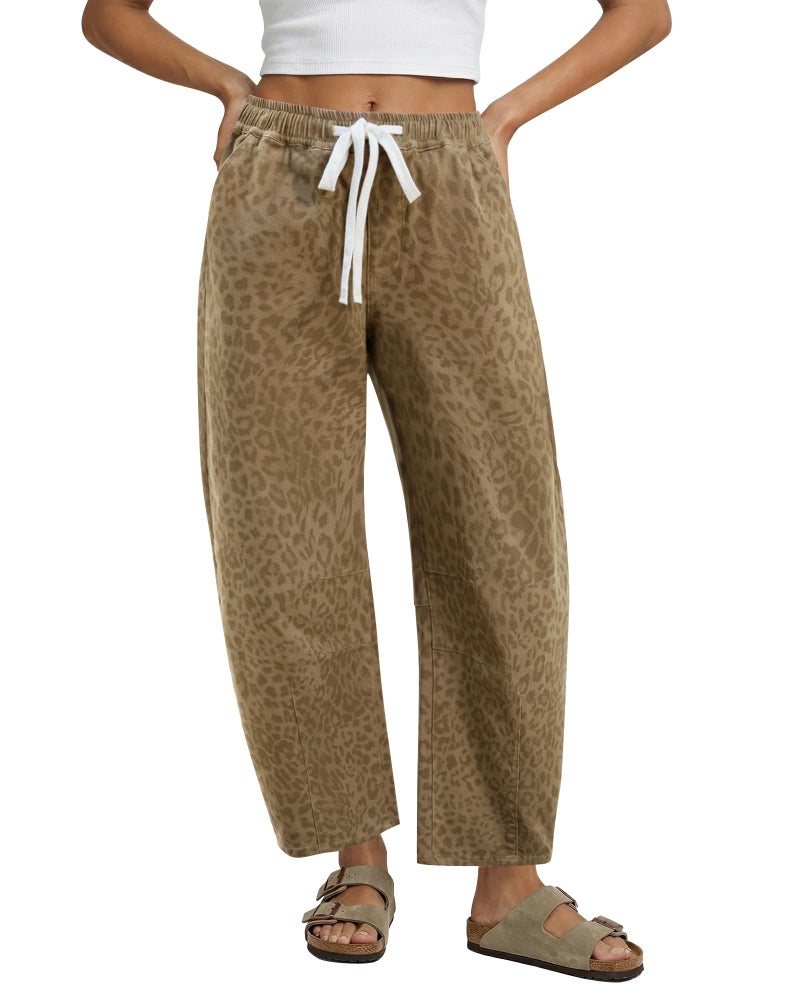 GRAPENT Wide Leg Jeans Women High Waisted Trousers Pants for Women Cowgirl Jeans for Womens Pull on Pants Womens Trousers High Waisted Drawstring Khaki Leopard Size X-Large US 16 to 18 - Image 1