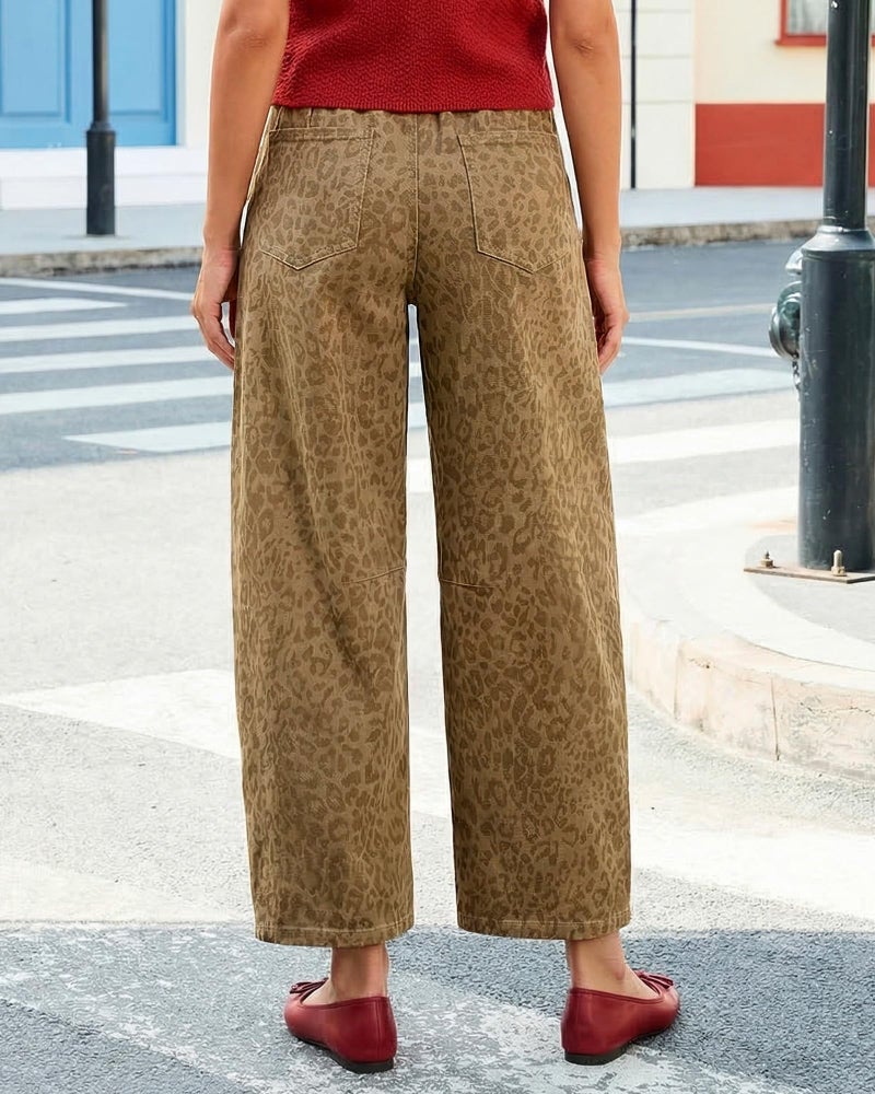 GRAPENT Wide Leg Jeans Women High Waisted Trousers Pants for Women Cowgirl Jeans for Womens Pull on Pants Womens Trousers High Waisted Drawstring Khaki Leopard Size X-Large US 16 to 18 - Image 3