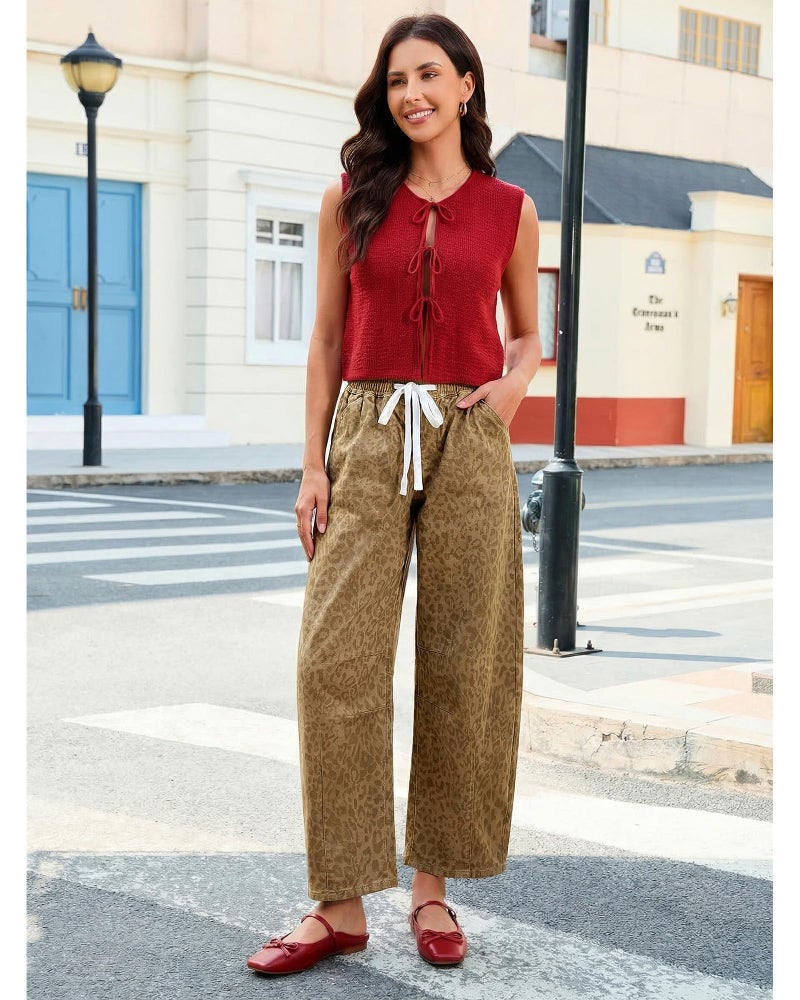 GRAPENT Wide Leg Jeans Women High Waisted Trousers Pants for Women Cowgirl Jeans for Womens Pull on Pants Womens Trousers High Waisted Drawstring Khaki Leopard Size X-Large US 16 to 18 - Image 4