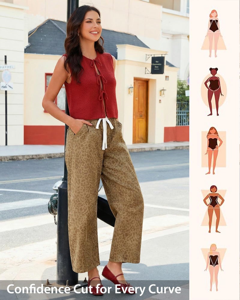 GRAPENT Wide Leg Jeans Women High Waisted Trousers Pants for Women Cowgirl Jeans for Womens Pull on Pants Womens Trousers High Waisted Drawstring Khaki Leopard Size X-Large US 16 to 18 - Image 5