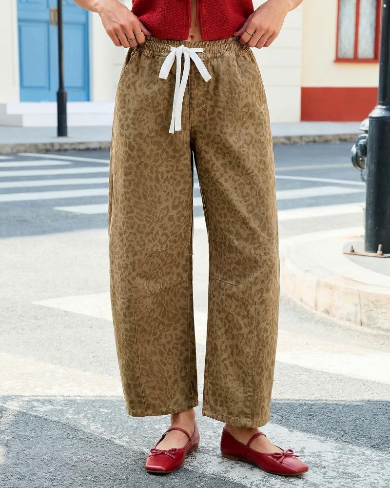 GRAPENT Wide Leg Jeans Women High Waisted Trousers Pants for Women Cowgirl Jeans for Womens Pull on Pants Womens Trousers High Waisted Drawstring Khaki Leopard Size X-Large US 16 to 18 - Image 2