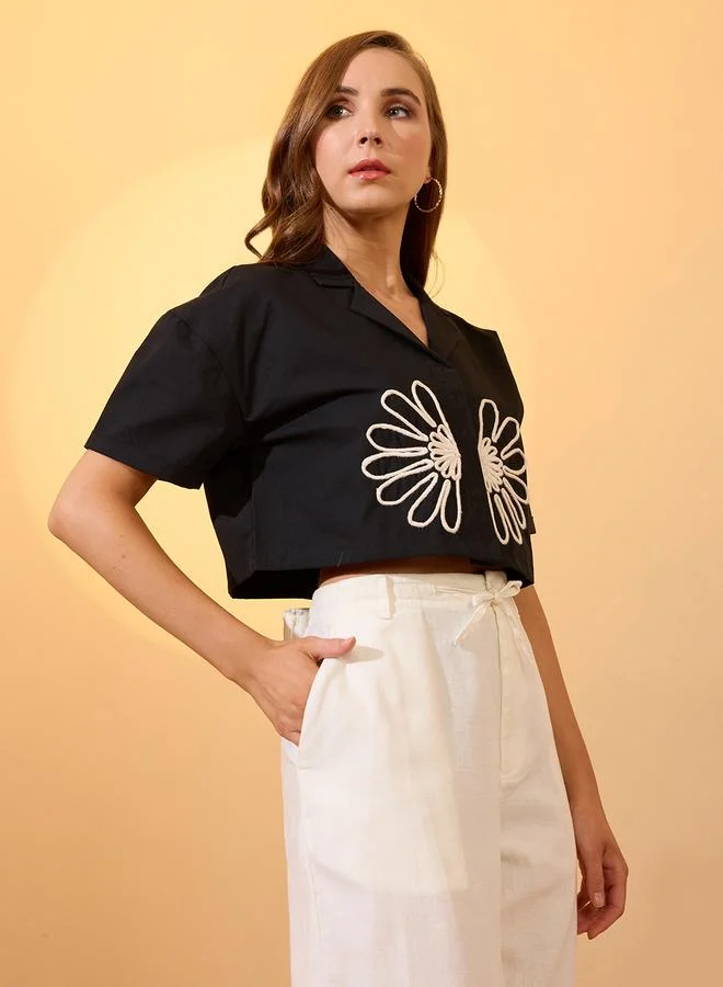 globus Globus Black Floral Embroidered Boxy Crop Shirt