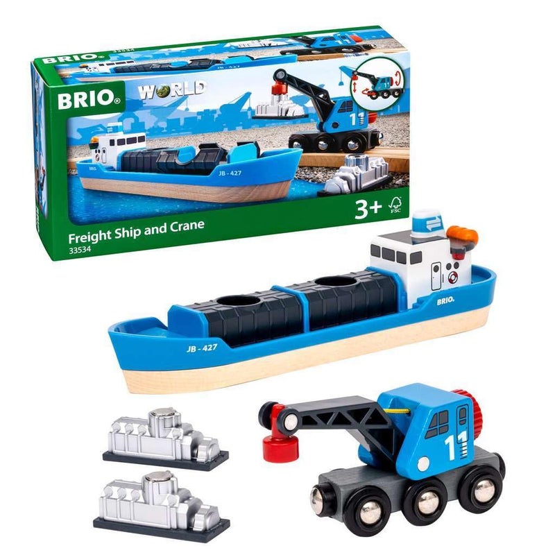 Brio عالم بريو - 33534 سفينة حاويات وعربة رافعة | مجموعة قطار أطفال مكونة من 4 قطع | تعزز المهارات الحركية والإبداع | متوافقة مع جميع الألعاب | مثالية للأطفال من عمر 3 سنوات فما فوق - Image 1
