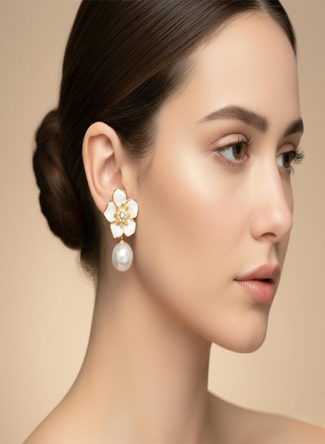 Nextcart Gold Plated Stainless Steel Drop Earrings for Women & Girls - Anti Tarnish, Hypoallergenic Lightweight White Flower Floral Pearl Design - Trendy Korean & Western Modern Statement Jewelry Gift Set (Pair) - Image 4
