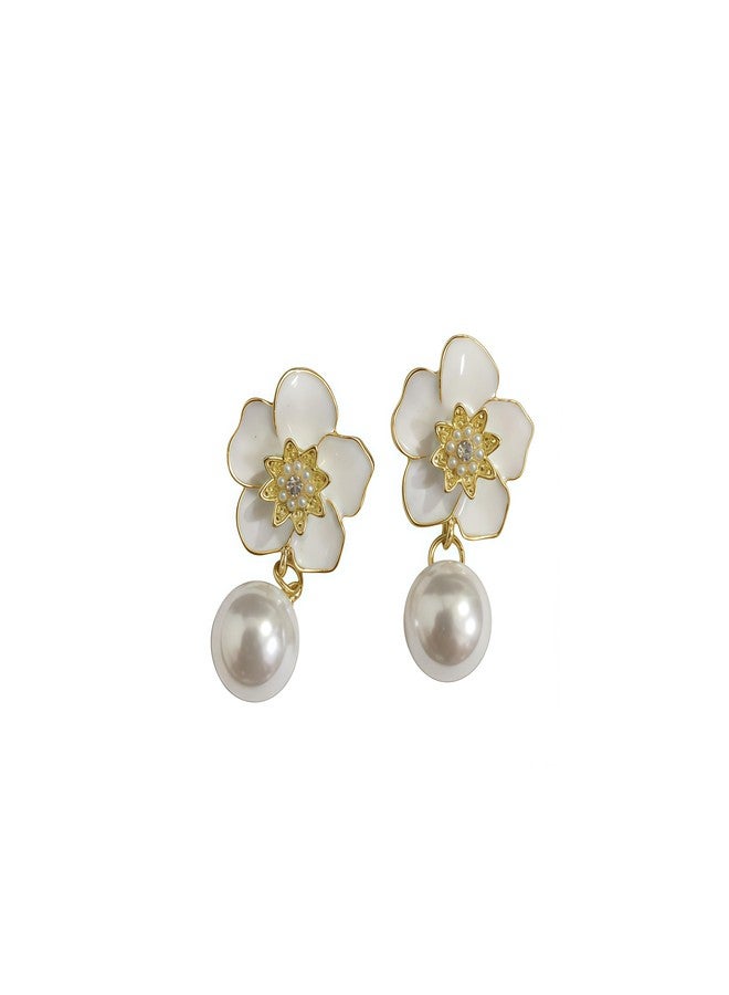 Nextcart Gold Plated Stainless Steel Drop Earrings for Women & Girls - Anti Tarnish, Hypoallergenic Lightweight White Flower Floral Pearl Design - Trendy Korean & Western Modern Statement Jewelry Gift Set (Pair) - Image 1
